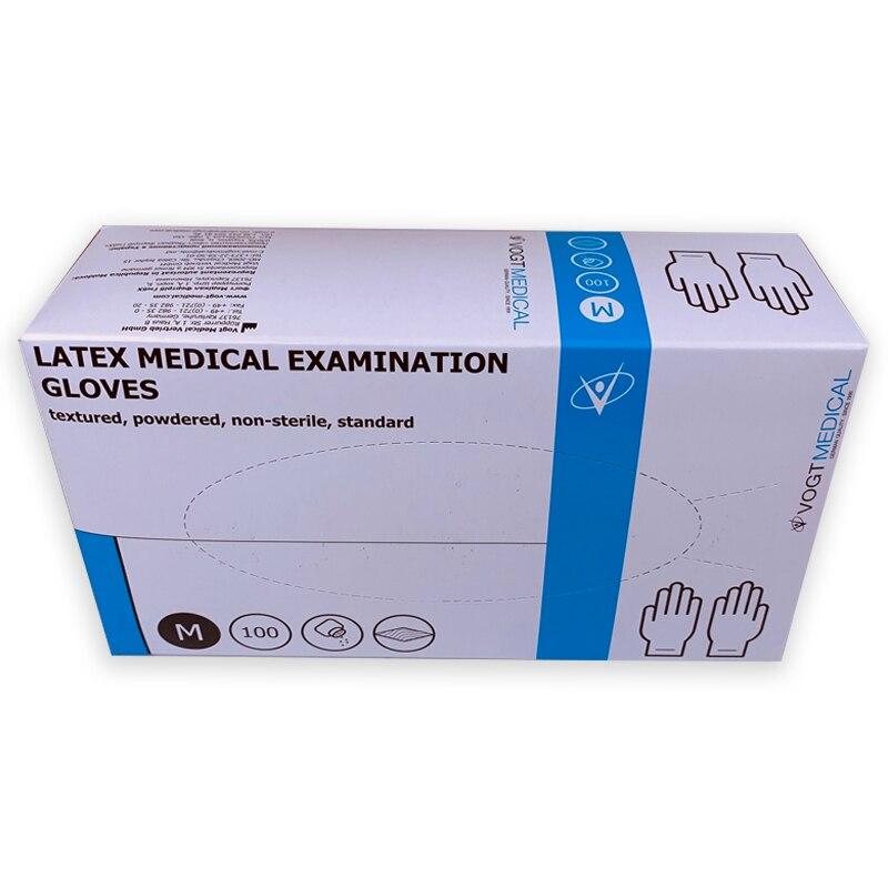 Рукавички медичні оглядові латексні припудрені, текстуровані одноразові нестерильніі (розмір М) Vogt medical